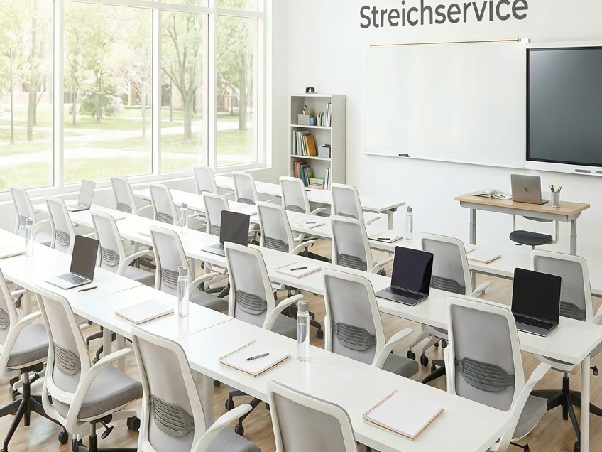 Classroom of students with teacher explaining ergonomics using whiteboard and screen